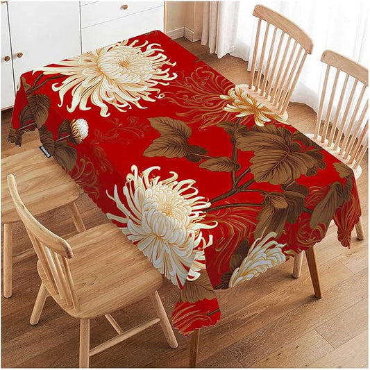 Swono Japanese Flower Table Cover Retro Blossom Chrysanthemum 50x72 Inch Table Cloth for Rectangle Tables Buffet Parties Coffee BBQ and Dinning Tablecloth, Golden Red