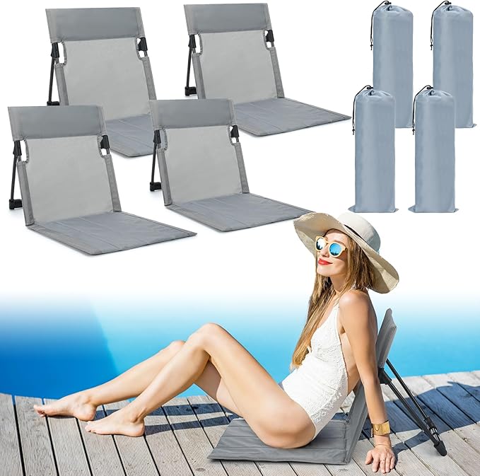Karenhi 4 Pcs Foldable Poolside Beach Chairs for Edge of Pool Portable Beach Chairs Folding Pool Seats with Back Support Carry Bag for Adults Traveling Camping Picnic Lawn (Light Gray)