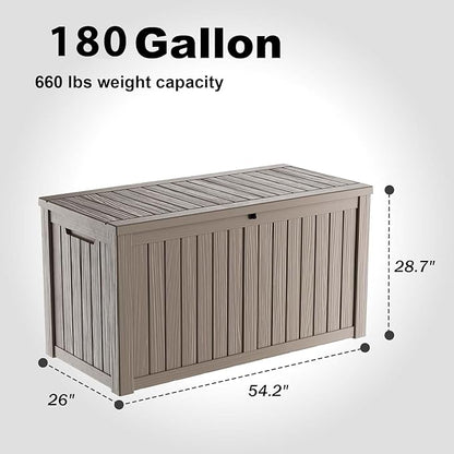 PatioZen 180 Gallon Large Deck Box,Resin Outdoor Storage Box with Lockable for Patio Furniture, Pool Accessories, Garden Tools Waterproof Outside Storage Box, Grey