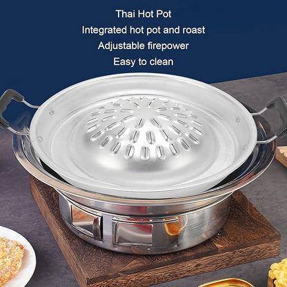 Thai Korean BBQ Grill Pan, Aluminum BBQ Grill Topper, 2 in 1 Non Stick Smoke Steak Grill Charcoal Pan Pork Hot Pot, Even Heating Barbecue Grill Plates, Camping BBQ Pan (35cm/13.78in Original Color)