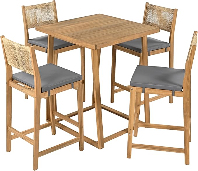 Christopher Knight Home Barron 5-Piece Acacia Wood Patio Bar Set, Patio Bar Table and Stools Set, Soft Seat Cushions, Rattan/Wicker Dining Set for Garden, Backyard, Poolside, Balcony,Teak + Dark Gray
