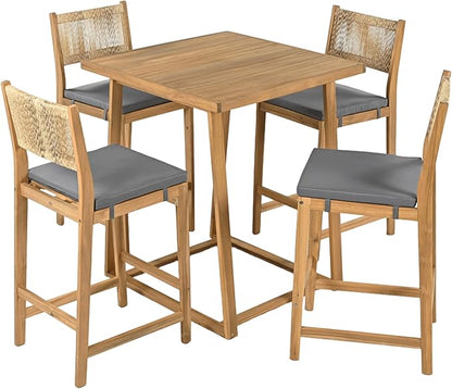 Christopher Knight Home Barron 5-Piece Acacia Wood Patio Bar Set, Patio Bar Table and Stools Set, Soft Seat Cushions, Rattan/Wicker Dining Set for Garden, Backyard, Poolside, Balcony,Teak + Dark Gray