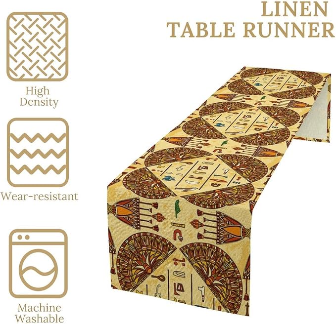 Vintage Ancient Egypt Table Runner Retro Old Egyptian Hieroglyphics Print Mysterious Egypt Culture Dinner Runner for Home Kitchen Dining Table Party Holiday Decor 13x108in