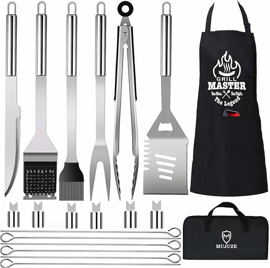 MUJUZE Grilling Accessories,Dad Gifts for Fathers Day,BBQ Grill Sets for Men,BBQ Accessories with Apron for Dad,Grill Tool Set,Grill Kit for Camping,Backyard