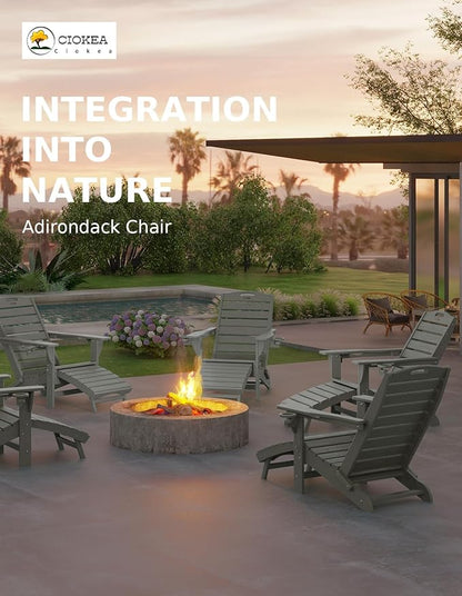 Ciokea Folding Adirondack Chair Set of 2 with Retractable Ottoman Fire Pit Patio Chair with Pull Out Foot Rest Weather Resistant Lawn Outdoor Chair with 2 Cup Holder (Gray)