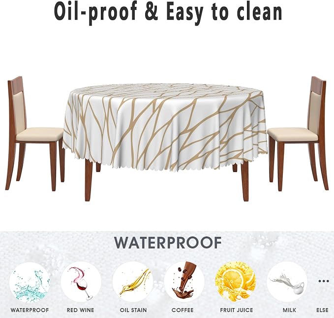 Brown and White Geometric Waterproof Round Tablecloth 70x70 Inch Abstract Irregular Stripes Circle Tablecloths Dining Table Cloth Buffet Parties Patio Camping Chic Decoration for Home Kitchen