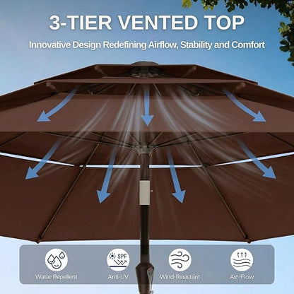 10ft Patio Umbrella, 3 Tier Outdoor Market Table Umbrellas with 8 Fiberglass Ribs and Push Button Tilt, Windproof, Vented Canopy, UV Protection for Deck, Pool, Backyard