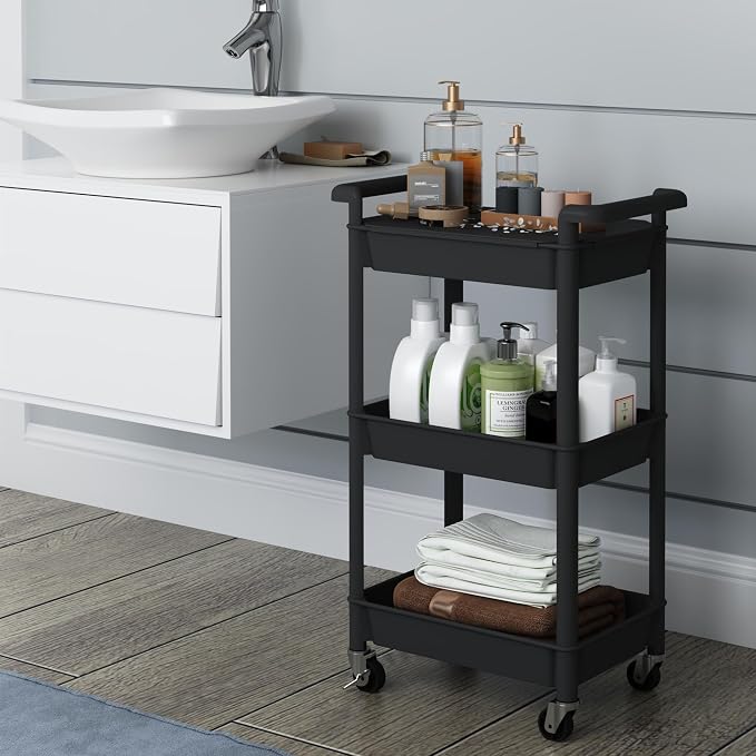 Steehoom 3-Tier Utility Rolling Cart with Cover Top Board, Mobile Utility Cart with Lockable Casters Multi-Functional Storage Trolley for Office, Bathroom, Kitchen, Garden, Laundry Room (Black)