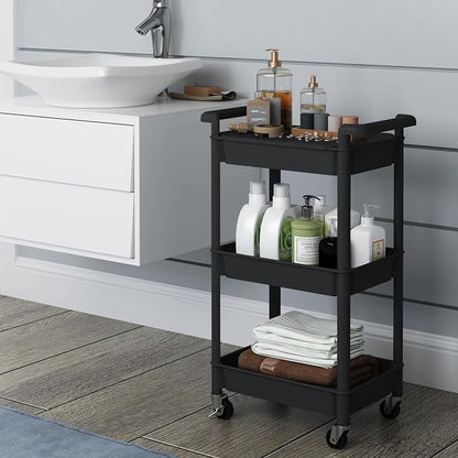 Steehoom 3-Tier Utility Rolling Cart with Cover Top Board, Mobile Utility Cart with Lockable Casters Multi-Functional Storage Trolley for Office, Bathroom, Kitchen, Garden, Laundry Room (Black)