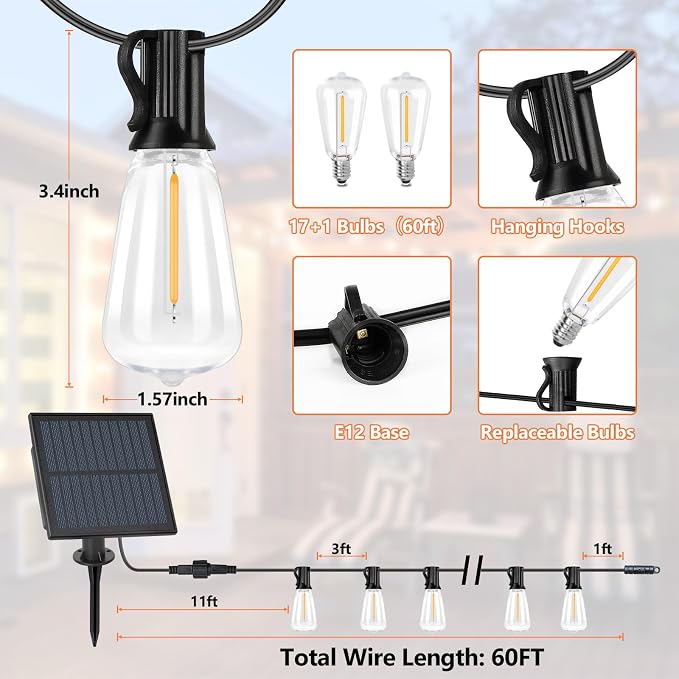 ST38 Solar Outdoor String Lights Waterproof Dimmable, 60FT | Solar Powered String Lights for Outside with LED Shatterproof Bulbs, Patio Hanging Lights String for Backyard Garden Party