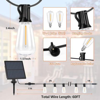 ST38 Solar Outdoor String Lights Waterproof Dimmable, 60FT | Solar Powered String Lights for Outside with LED Shatterproof Bulbs, Patio Hanging Lights String for Backyard Garden Party