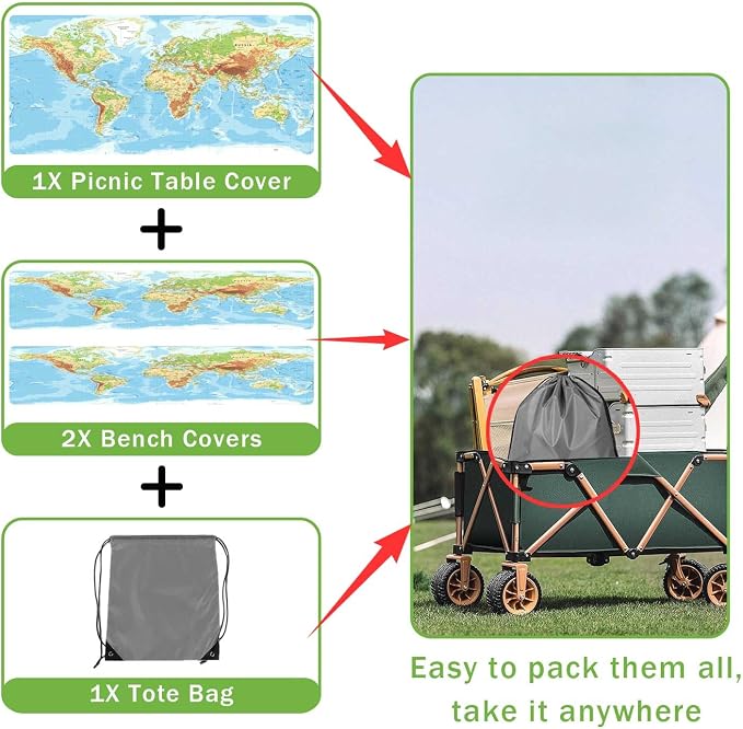 JAWO World Map Print 3 Piece Picnic Table & Bench Cover Set, Waterproof Elastic Fitted Tablecloth for Outdoor Travel Camping Backyard BBQ, 30X60in