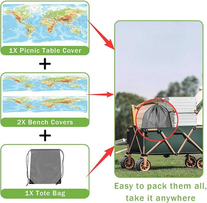 JAWO World Map Print 3 Piece Picnic Table & Bench Cover Set, Waterproof Elastic Fitted Tablecloth for Outdoor Travel Camping Backyard BBQ, 30X60in