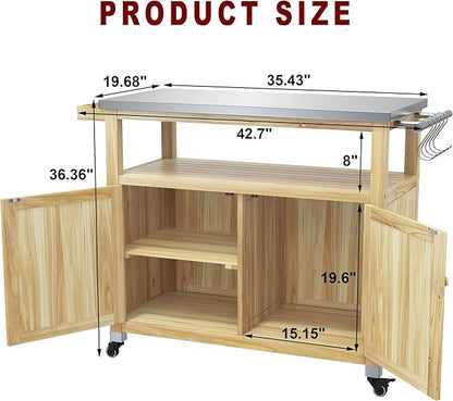 GDLF Outdoor Storage Cabinet Wood Outdoor Kitchen Prep Grill Table with Stainless Steel Top Waterproof Cover (Natural Wood Color)