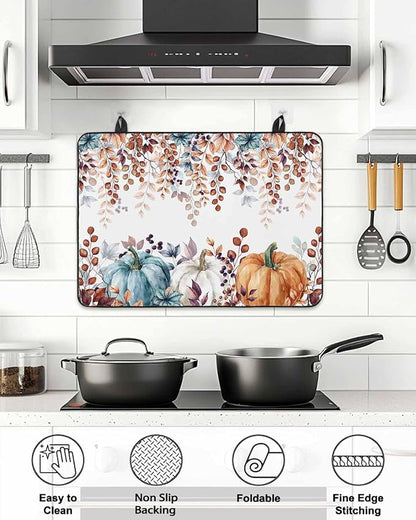 Stove Top Covers for Electric Stove 31x24 Inches, Fall Eucalyptus HeatResistant Glass Cooktop Protector, Orange Blue Pumpkins Thanksgiving Leaves Ceramic Stovetop Countertop Covers Mat, Oven Cover