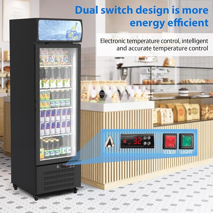 11.3 Cu.Ft Commercial Display Refrigerator,Glass Door Beverage Cooler with Adjustable Shelves,LED Lighting & Advertising Panel, Mobile Design, Black