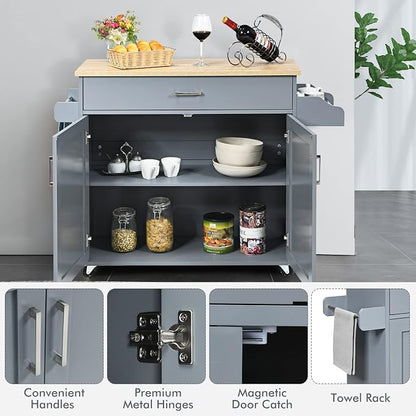 COSTWAY Kitchen Island On Wheels, Rolling Storage Trolley Cart | with Large Cabinet, Drawer, Spice Rack and Towel Rack, Kitchen Serving Utility, 3-Position Adjustable Shelf (Grey)