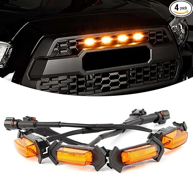 4PCS LED Grill Lights for Trucks, Amber LED Lights with Wire Harness, Front Grille LED Lights, Car Accessories Front Grill Lighting Kit for 2016-2019 Toyota Tacoma TRD PRO Front Gril