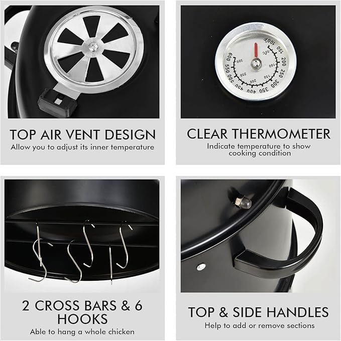 Giantex 3-in-1 Outdoor Smoker Grill, Portable Charcoal BBQ Grill, Built-in Thermometer and Air Vent, 6 Hooks, 2 Layers Vertical Steel Charcoal Smoker for Outdoor Cooking Camping