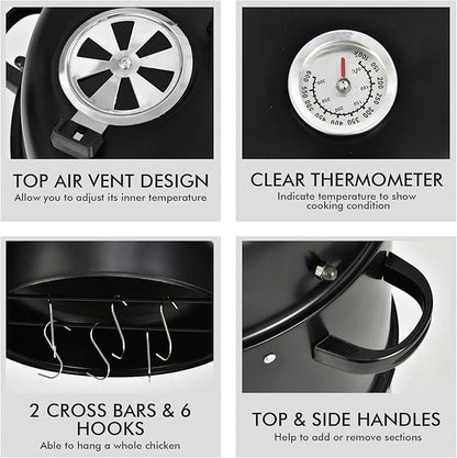Giantex 3-in-1 Outdoor Smoker Grill, Portable Charcoal BBQ Grill, Built-in Thermometer and Air Vent, 6 Hooks, 2 Layers Vertical Steel Charcoal Smoker for Outdoor Cooking Camping