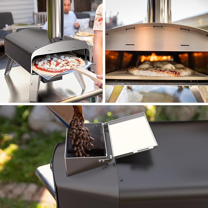 Mimiuo Auto-Rotating Wood Pellet Pizza Oven Outdoor 40Lbs, 60S Bake w/Stone | Heavy Duty, Fast Baking, Complete Baking Tool (Automatic Spinning System, Stone, Peel & Cover), Easy Operation