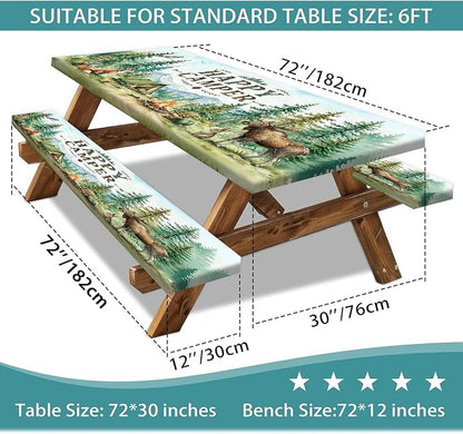 Picnic Table Cover with Bench Covers and Bag, Wildlife Animals Forest Mountain Waterproof Elastic Fitted Tablecloths for Rectangle Tables, Washable Tablecloth for Camping, Outdoor, 3 Pcs, 30x72 Inch
