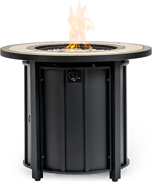 30'' Marble Ceramic Round Propane Fire Pit Table, 50,000 BTU Gas FirePit for Outdoor, Fire Table with Lid, Warmth & Ambience to Gatherings and Parties On Patio Deck Garden Backyard, Black.