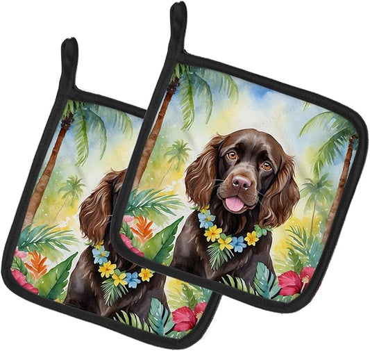 Caroline's Treasures Boykin Spaniel Luau Pair of Pot Holders Kitchen Heat Resistant Pot Holders Sets Oven Hot Pads for Cooking Baking BBQ, 7 1/2 x 7 1/2