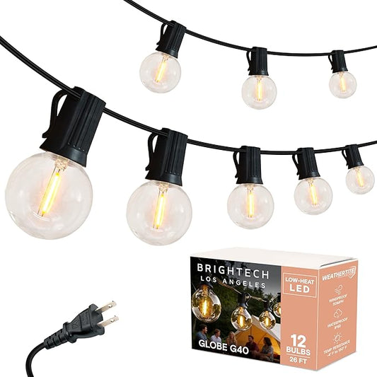 Brightech Ambience Pro LED String Lights - 26 Ft Patio Lights Outdoor Waterproof - Globe Porch String Lights for Outside, Christmas, Backyard - 12 Bulbs, 1W Vintage Edison, Warm White Black