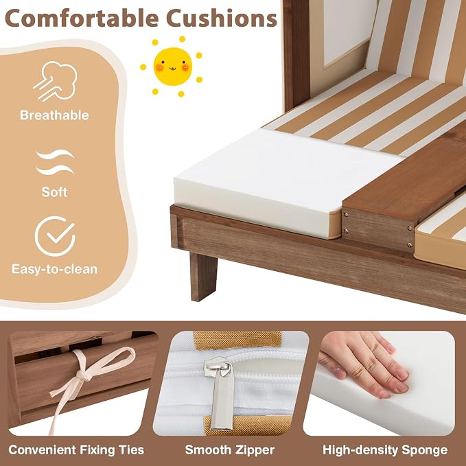 Kids Lounge Chair Outdoor, 2-Seat Toddler Patio Chair with Cushions, Cup Holders, Detachable Canopy, Wooden Double Chaise Lounge for Lawn, Pool, Garden, and Yard (Coffee)
