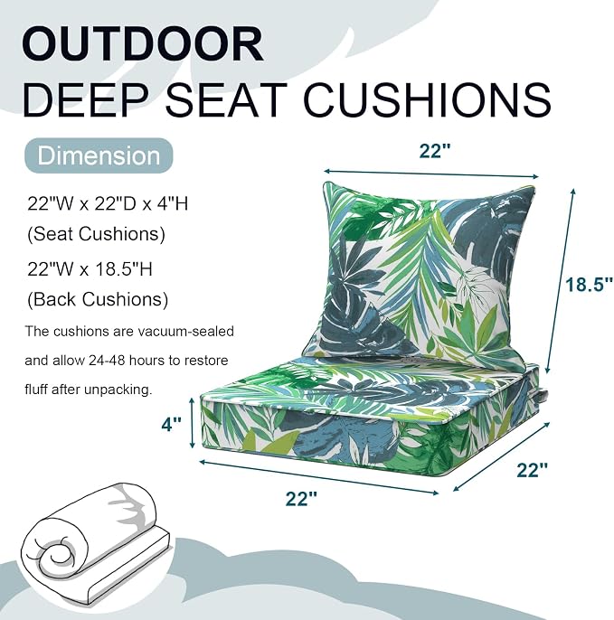 DYTXIII Outdoor Deep Seat Cushion Set, Water Repellent 22"x22" Patio Thick Cushions Replacement with Seat & Back Pillow for Patio Sofa, Wicker Chair, Couch - Islamorada Blue Green