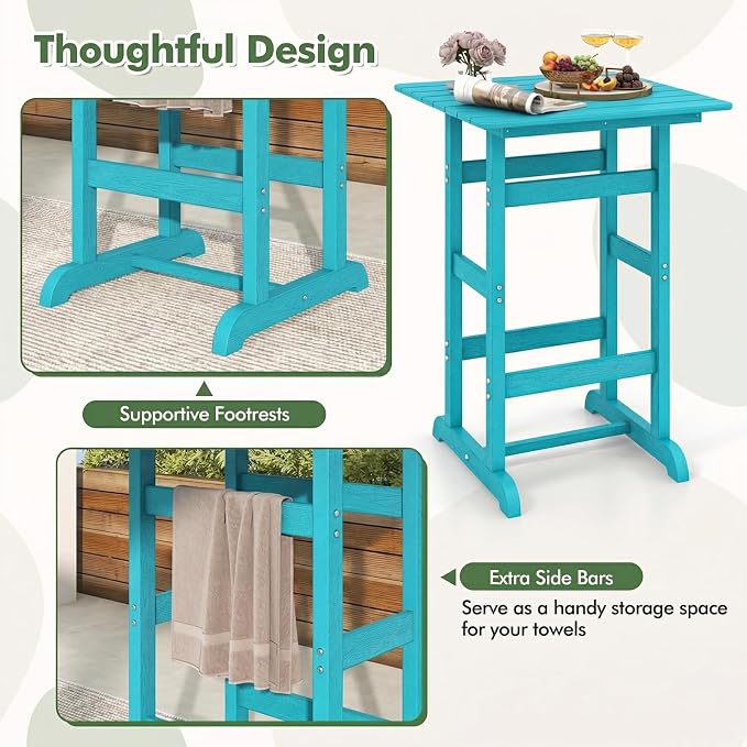 GIANTEX 42" Height Outdoor Tall Bar Table, HDPE Square Pub Table with Wood Grains, Cocktail High Top Tables for Adirondack Chairs, Patio, Bistro, Garden, Poolside, Yard, Balcony, Turquoise