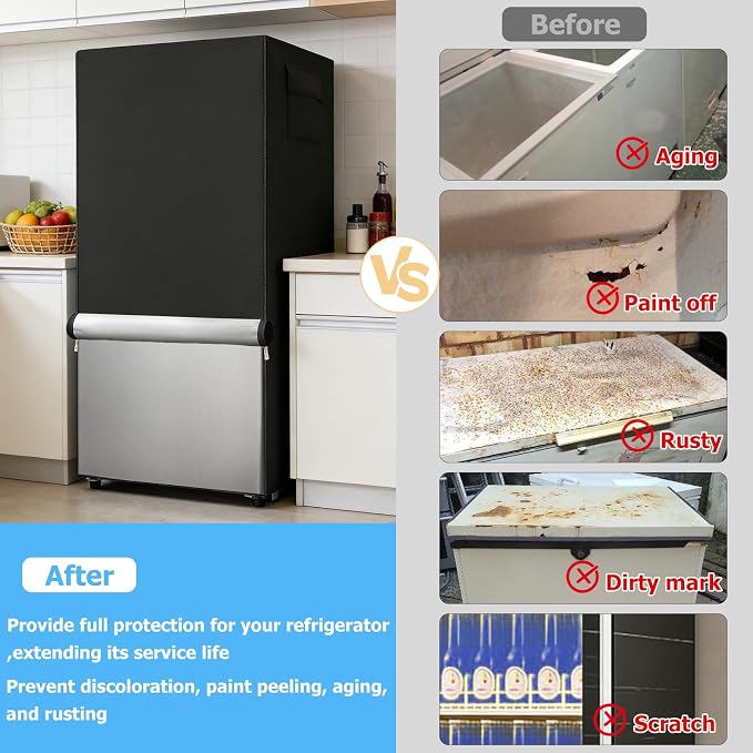 Outdoor Refrigerator Cover,600D Heavy Duty 100% Waterproof Upright Freezer Cover,Outside Stand Up Fridge Covers.Front Can Be Rolled-Up by Zippers.(Black,30" W x 33" D x 62" H)