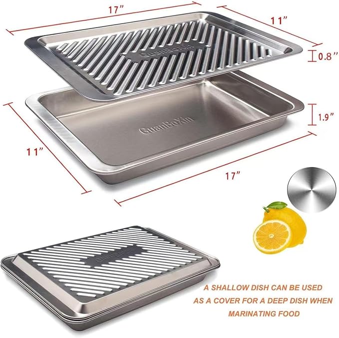 Grilling Prep and Serve Trays, Set of 2 Stackable Stainless Steel BBQ Trays, Deep Marinating Container, Serving Platter for Plating Food, BBQ Prep Tub for Marinating Meats, Grill Accessories