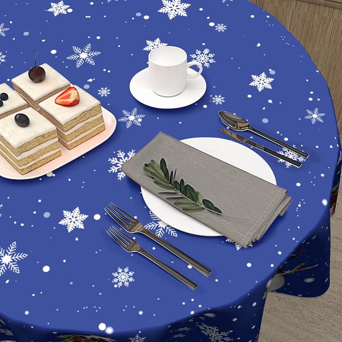 Sweetshow Xmas Snowman Blue Table Cloth Round Winter White Snowflakes Tablecloth 70 Inch Decor Washable Stain and Wrinkle Resistant Winter Round Table Cover for Dining Picnic