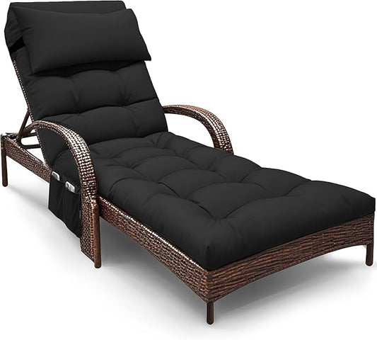 Outdoor Chaise Lounge Chair Cushion, Waterproof Outdoor Chair Cushions for Patio Furniture, 71 x 21 x 4 Inches Replacement Chaise Lounge Cushion with Ties (Black)