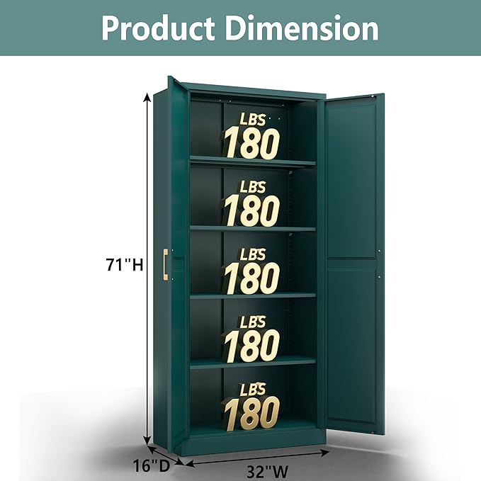 Polup Kitchen Pantry Cabinet, 71 Inch Tall Metal Pantry Cabinet with Doors and Adjustable Shelves, Freestanding Food Cupboard, Storage Cabinets for Dining, Living Room, Green-Teal, Assemble Required