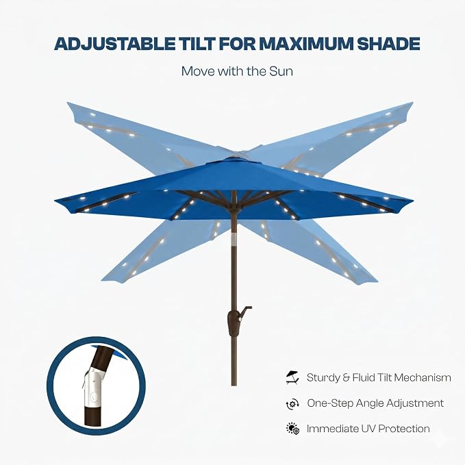 10FT Solar Patio Umbrella with Lights, Outdoor Table Market Umbrella with 32 LED Lights, 8 Sturdy Ribs, Push Button Tilt and Crank for Pool, Deck and Garden, UV-Resistant