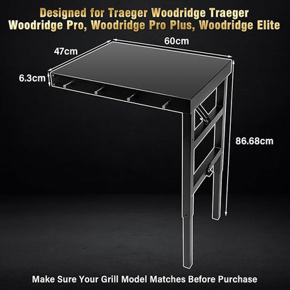 Uniflasy Folding Grill Side Shelf for Traeger Woodridge Pro/Elite/Plus Foldable Shelf for Traeger Inwood/Inwood XL Pellet Grill Accessories Large BBQ PrepTable with Hooks Outdoor Cooking Workspace