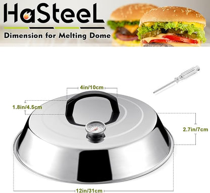 HaSteeL 12Inch Melting Dome for Griddle, Stainless Steel Basting Cover with Thermometer, Large Round Steaming Cover Lid for Flat Top Teppanyaki BBQ Camping Cooking Grilling, Indoor & Outdoor (2 Piece)