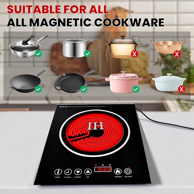 Portable Electric Cooktop, Single Burner Plug in Portable Induction Cooktop, Countertop Ceramic Stove Top with Power Levels and Overheat Protection, Child Safety Lock, Timer, 1800W 110V
