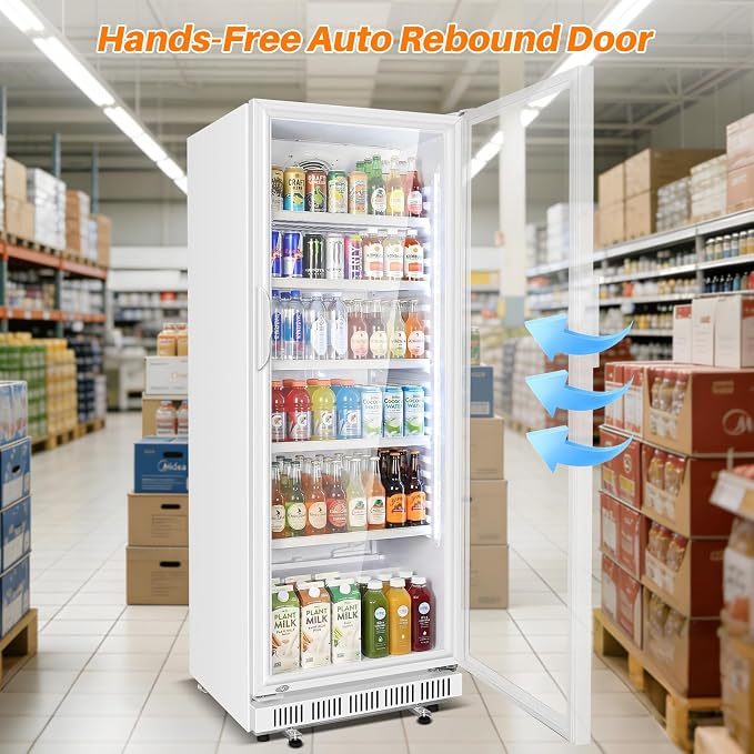 Velivi Commercial Beverage Refrigerator, 24.5" Glass Door Display Fridge, 15 Cu.Ft Beverage Cooler with 5 Adjustable Shelves, Auto Rebound Door, Low Noise, for Shops, Restaurants & Bars WHITE