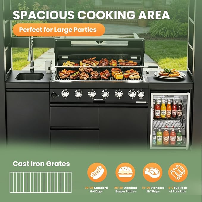 94" Stainless Steel Outdoor Kitchen Island with 6-Burner 85000 BTU,Heavy-Duty Natural Gas Grill with Rotisserie Oven,Galvanized Steel Roof,Granite Countertops,Refrigerator,Sink.(Natural Gas)