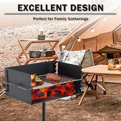 25" x 17" Heavy Duty Charcoal Grill - Park Style Portable BBQ Grill with Single Post & Cooking Grate for Backyard, Patio, and Camping