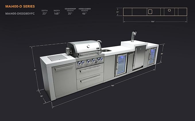 Mont Alpi 168"W Stainless Steel Deluxe Modular Outdoor Kitchen Island with Fridge Faucet & Sink Combo + 3 Tap Kegerator Beer Dispenser + 32"W 4-Burner BBQ Grill + Granite Countertops + Storage + Cover