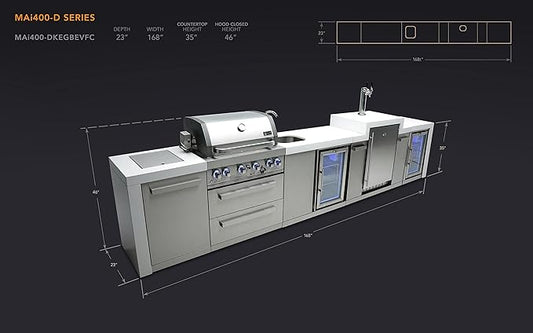 Mont Alpi 168"W Stainless Steel Deluxe Modular Outdoor Kitchen Island with Fridge Faucet & Sink Combo + 3 Tap Kegerator Beer Dispenser + 32"W 4-Burner BBQ Grill + Granite Countertops + Storage + Cover