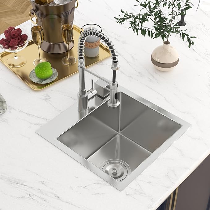 15 Drop In Bar Sink 15 x 15 Inch Kitchen Sink 18 Gauge Stainless Steel Single Bowl Topmount Handmade Sink for Outdoor, RV, 15x15x9