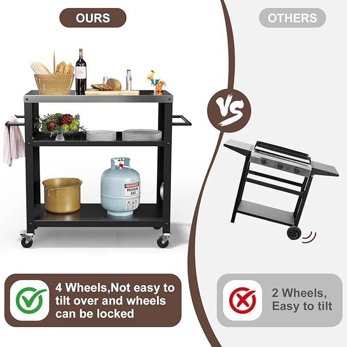 Nessxa Outdoor Grill Cart with Three-Shelf, Stainless Steel Pizza Oven Table for Outside, Dining Kitchen Cart with Two Side Handle, Garden Patio BBQ Kitchen Food Prep Table Cart (Black)