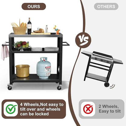 Baotree Outdoor Grill Cart Table, Stainless Steel Outdoor Grill Cart Pizza Oven Stand Trolley Table with Two Side Handle, Garden Patio BBQ Kitchen Heavy Duty Table Cart (Black)