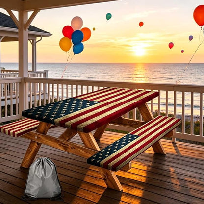 JAWO American Flag Picnic Table Cover with Bench Covers and Carrying Bag, Camping Essentials, Flag Outdoor Table Covers, Waterproof, Fitted Tablecloth Cover with Elastic Edge, 3 PCS, 30X72 Inch